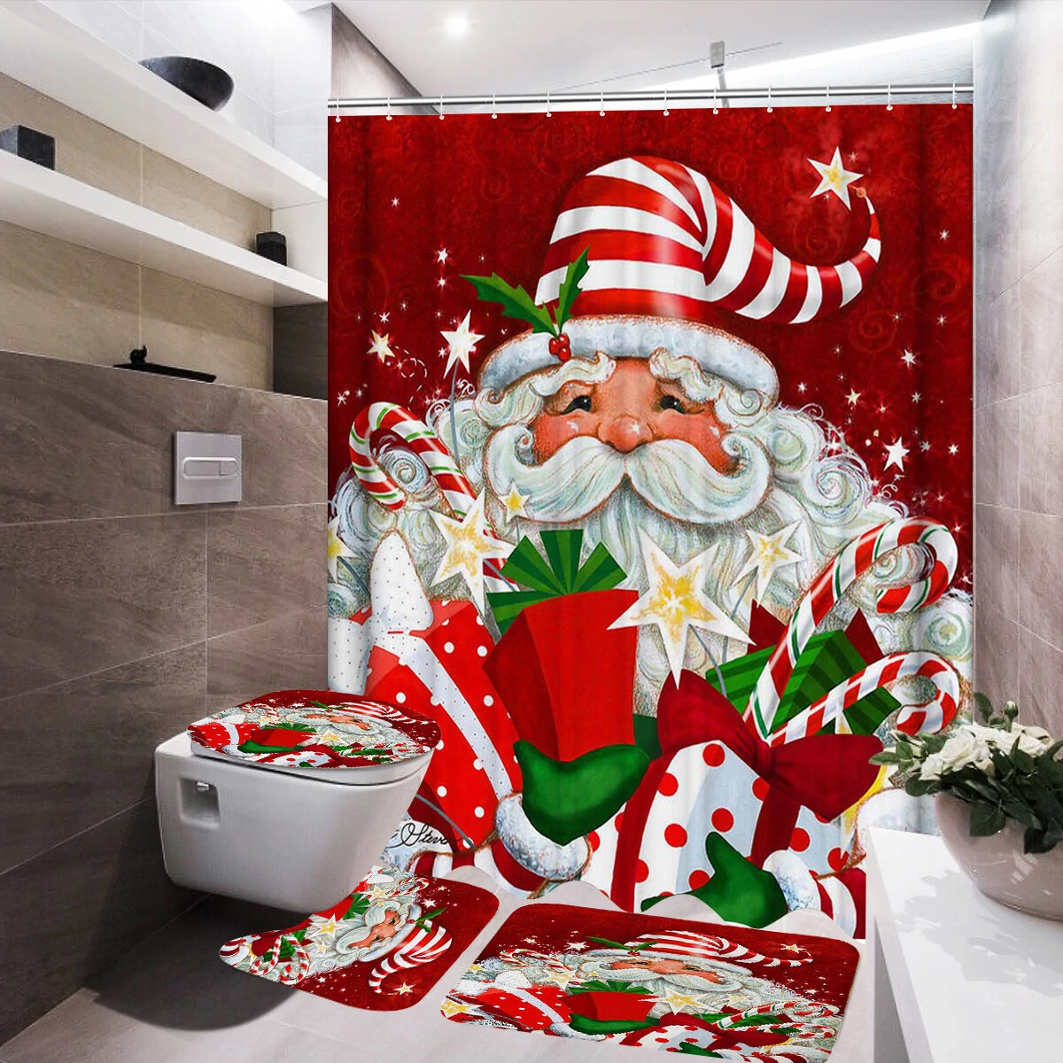 Santa Claus Waterproof Shower Curtain Christmas Anti-slip Bath Mat Toilet Mat Set Christmas
