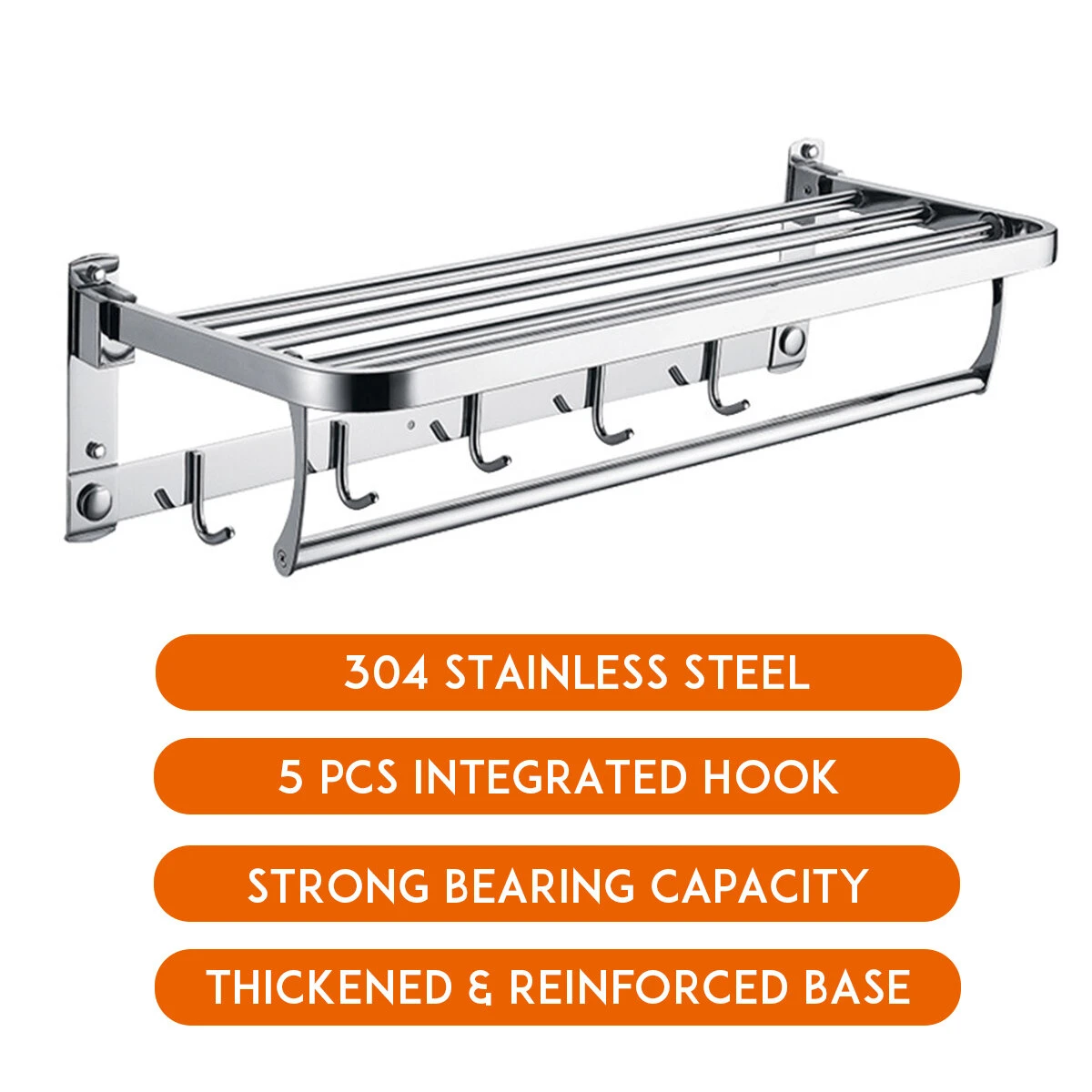 304 Stainless Steel Double Towel Rail Rack Shelf Wall Mounted Bathroom With 5 Hook