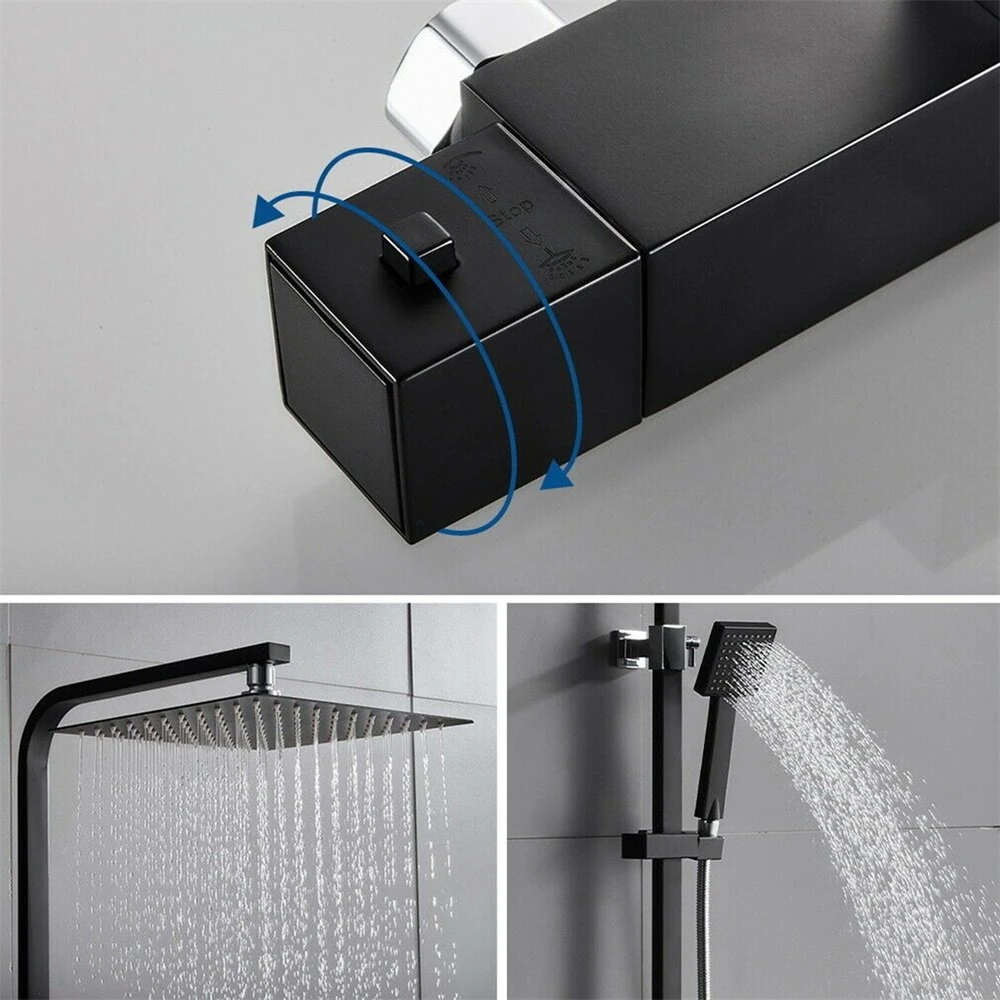 Black Shower System Thermostatic Shower Faucet Shower Column Handheld Shower Set - Normal