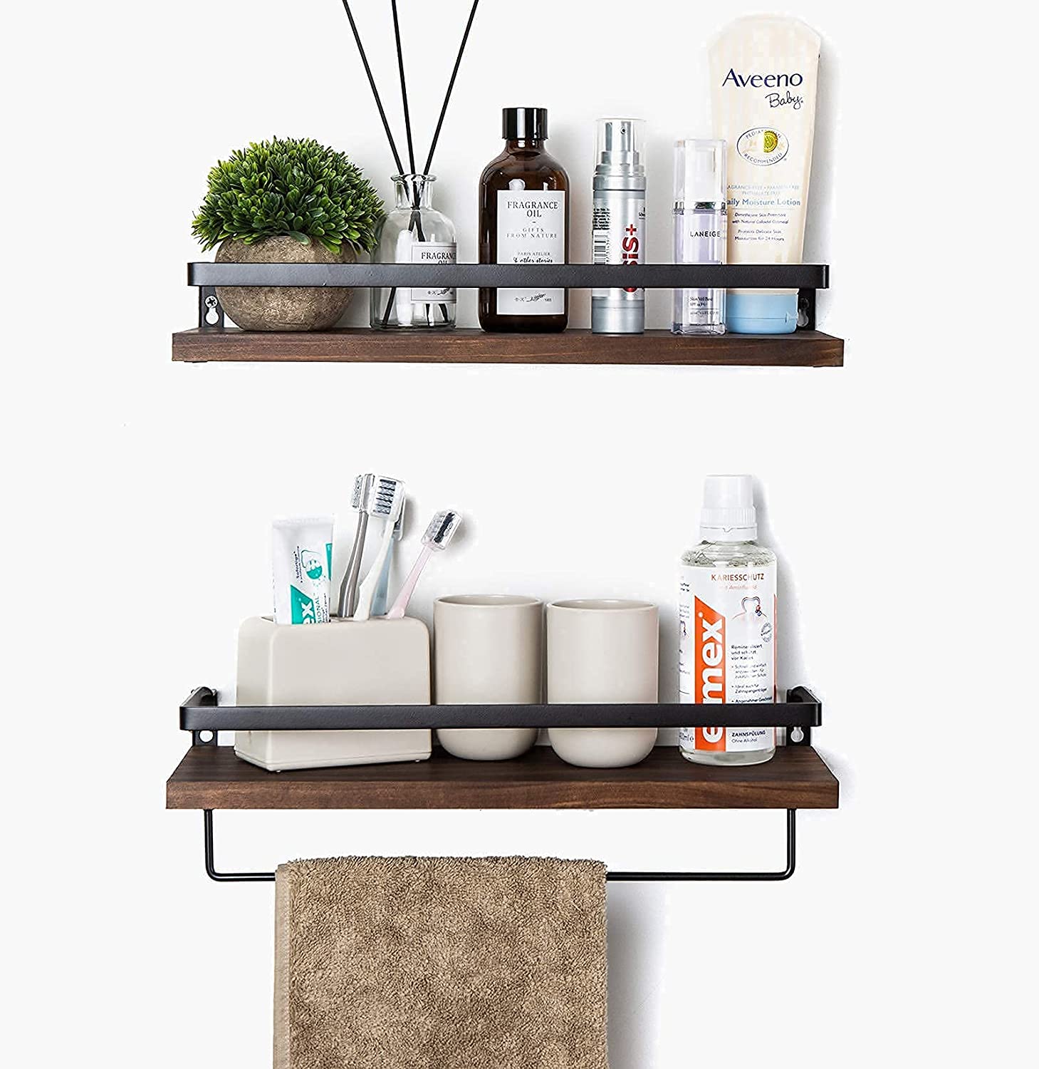 Set of 2 Brown Color Floating Shelves Wall Mounted Storage Shelves for Kitchen Bathroom