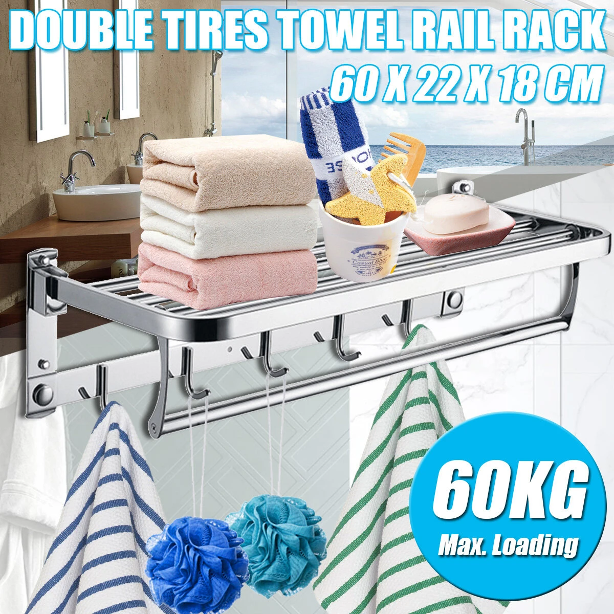 304 Stainless Steel Double Towel Rail Rack Shelf Wall Mounted Bathroom With 5 Hook