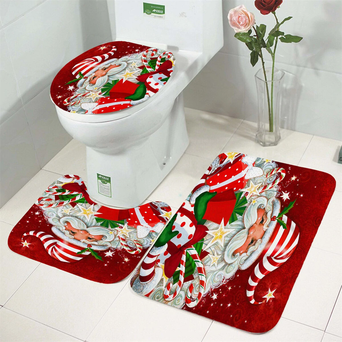 Santa Claus Waterproof Shower Curtain Christmas Anti-slip Bath Mat Toilet Mat Set Christmas