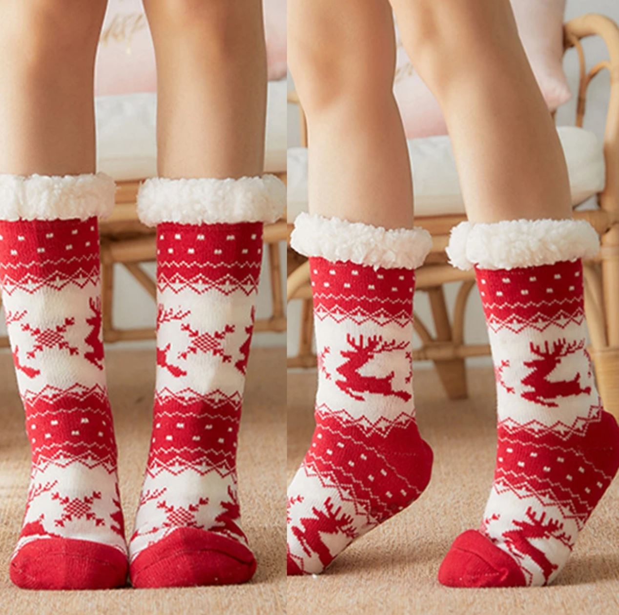 Warm Winter Christmas Style Elk Snowflake Pattern Plus Velvet Thicken Home Sleep Socks Tube Socks
