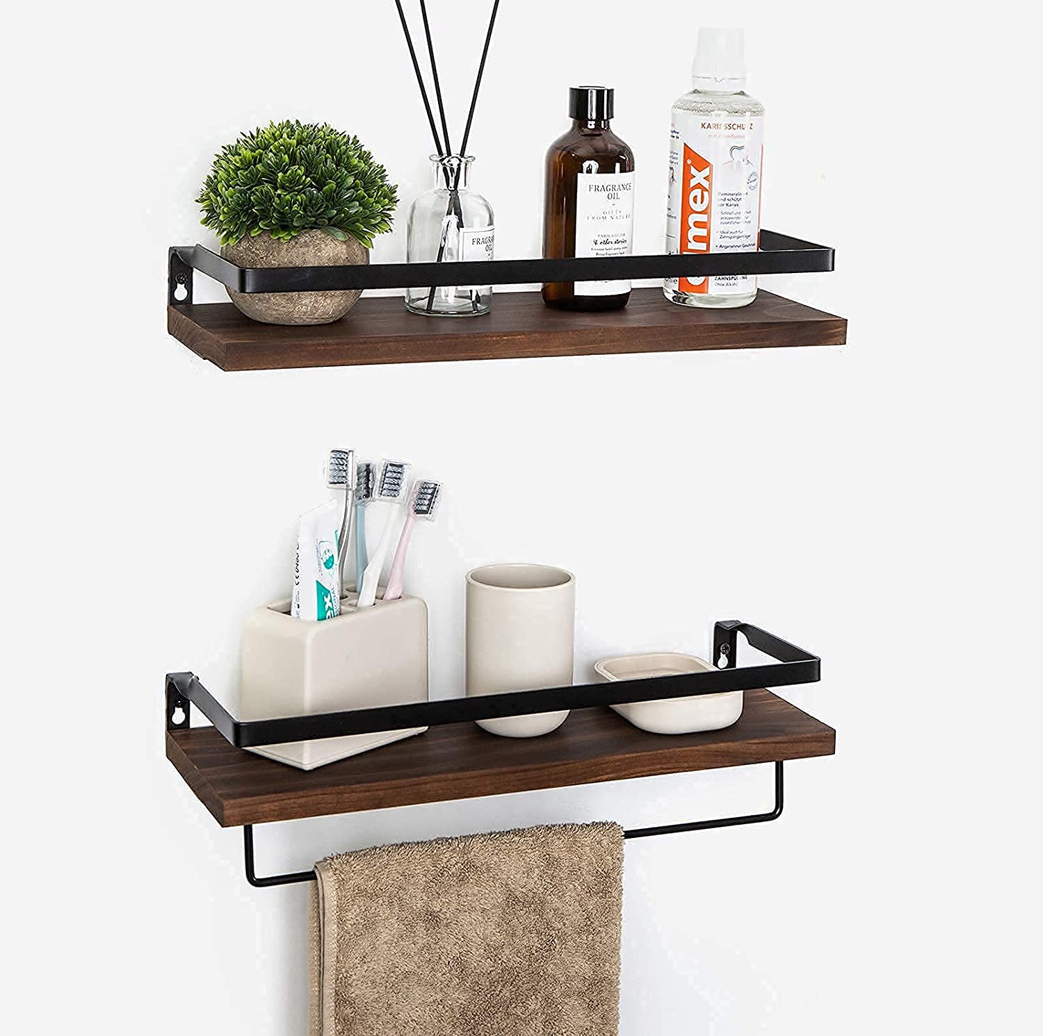 Set of 2 Brown Color Floating Shelves Wall Mounted Storage Shelves for Kitchen Bathroom